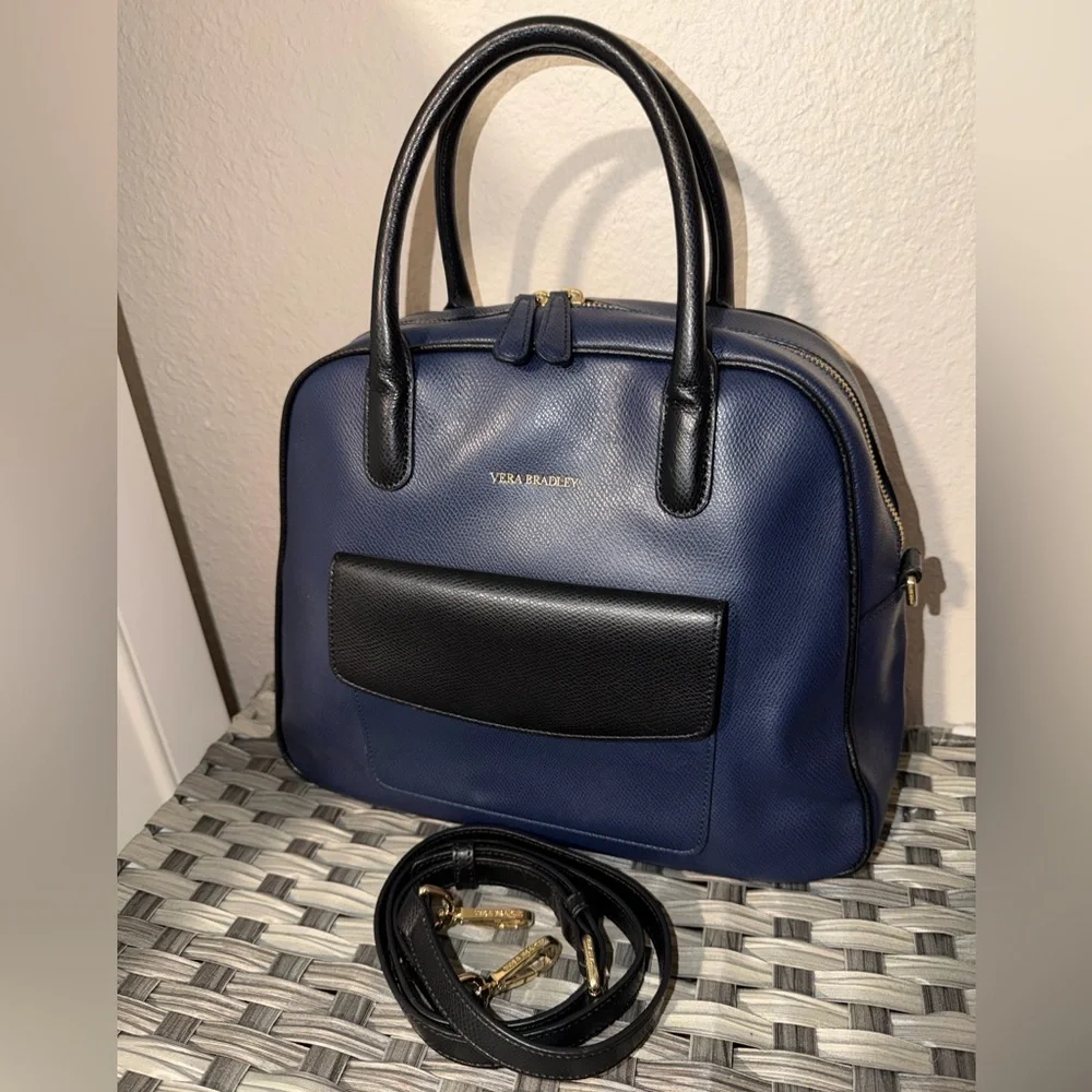 Vera Bradley Leather Satchel Crossbody – Navy & Black - Picture 1 of 16